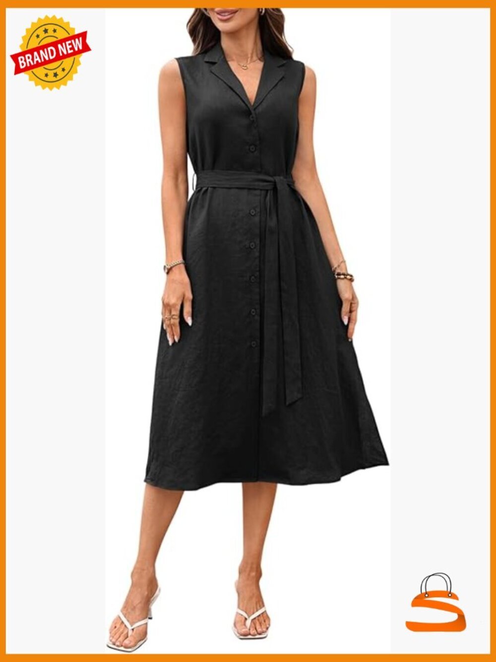 100% Linen Midi Dress Blazer V Neck Sleeveless Button Down with Belt Pocket
